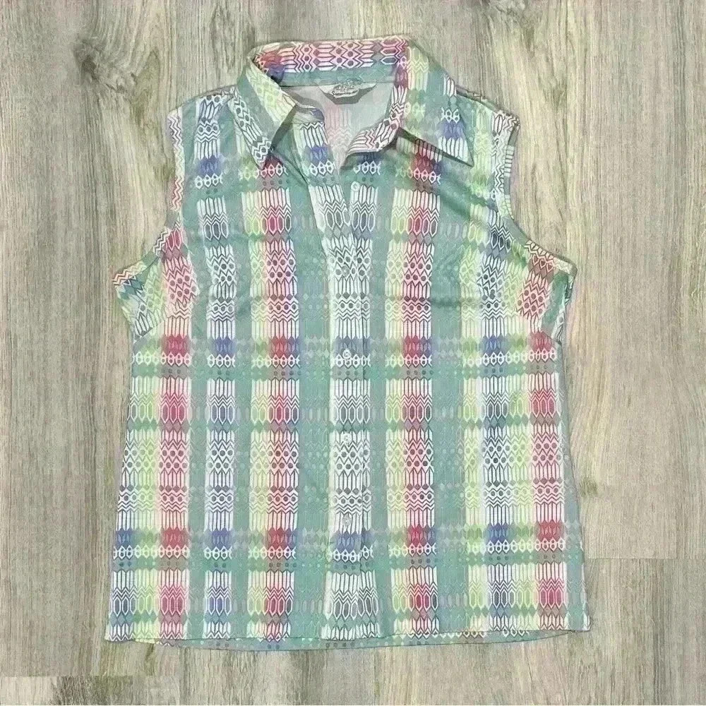 Vintage 1970s Sears Perma Prest Sleeveless Print Button Collared Shirt Size L